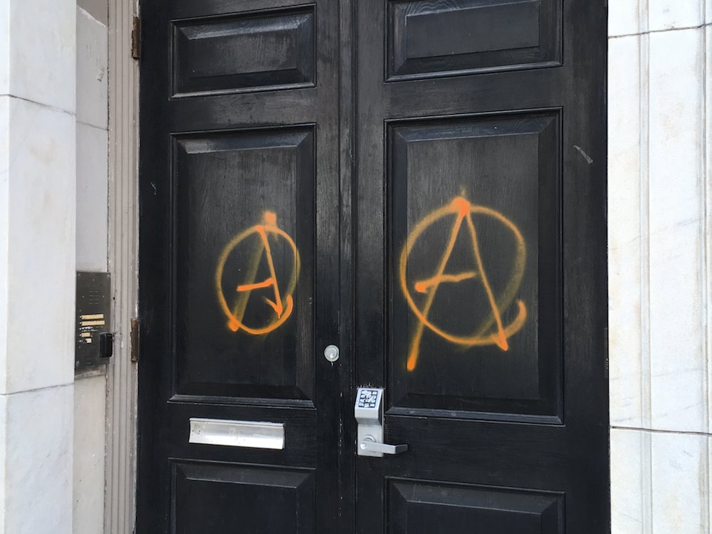 The door of the Metropolitan Republican Club in Manhattan, New York, was vandalized Thursday, Oct. 11, 2018. (Photo obtained by The Daily Caller)