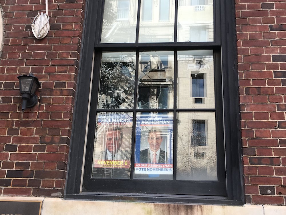 The window of the Metropolitan Republican Club in Manhattan, New York, was vandalized Thursday, Oct. 11, 2018. (Photo obtained by The Daily Caller)