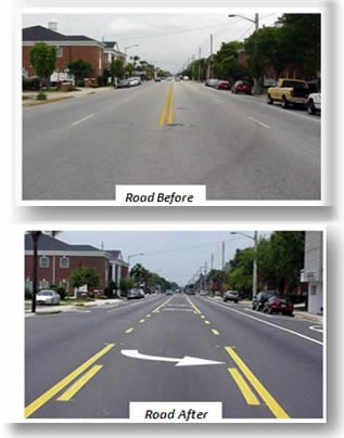 Road Diet on Edgewater Drive, Orlando, Florida, before and after reconfiguration